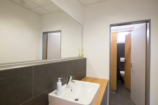 Sanitärraum mit heller Tür und Waschtisch